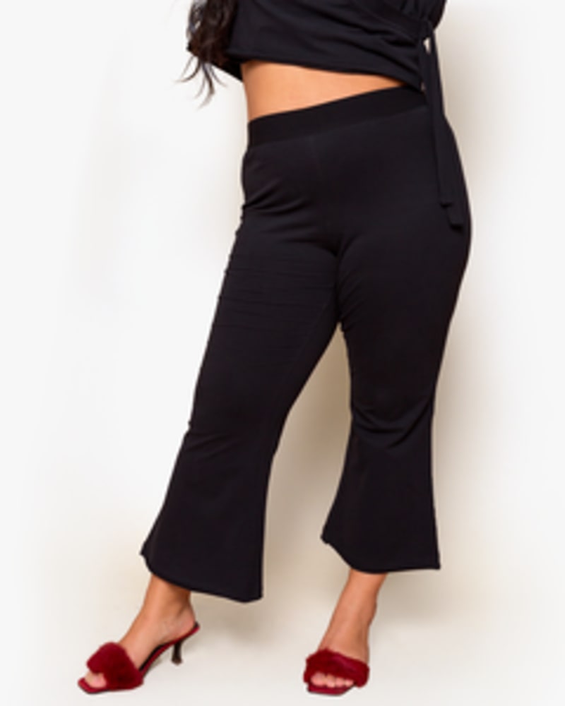 Front of a model wearing a size XL Eliza Flare Sweats in Black by Lovefool. | dia_product_style_image_id:249614